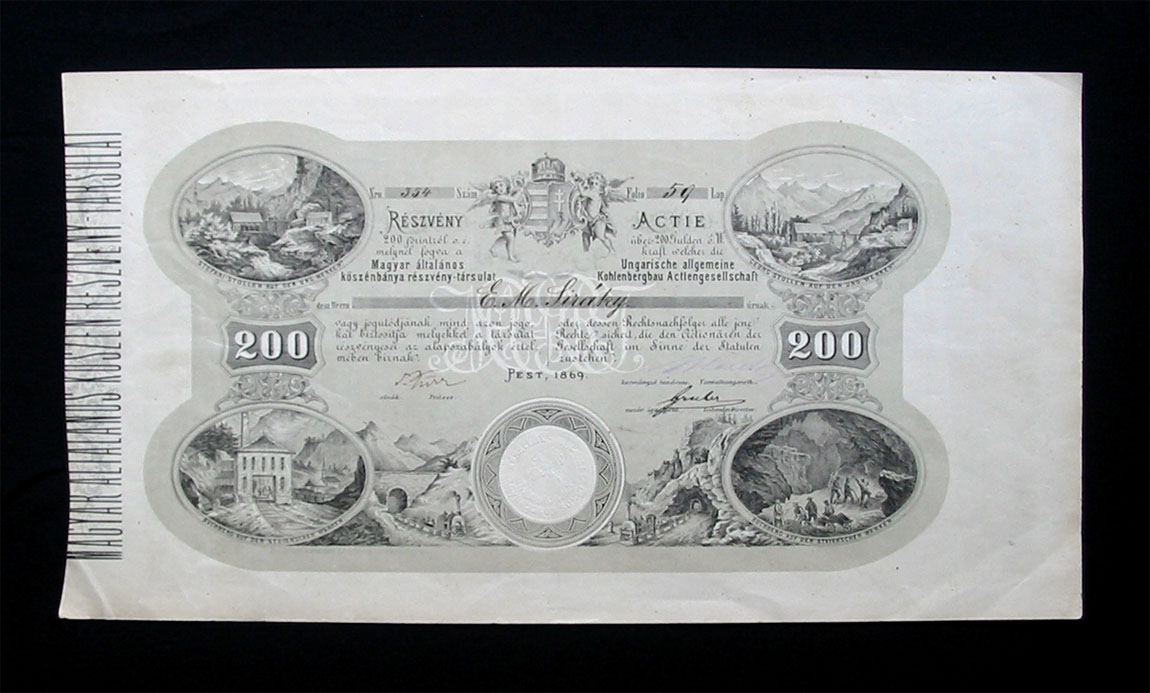 Magyar �ltal�nos K�sz�nb�nya R�szv�ny-T�rsulat 200 forint 1869